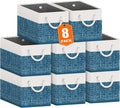 Fab totes Storage Bins 8-Pack, Foldable Storage Baskets for Organizing Toys, Books, Shelves, Closet, Large Storage Box with Rope Handles, Sturdy Organizer Bins, White & Blue
