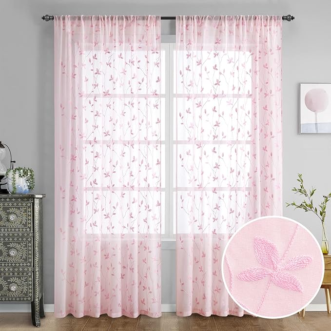 HOMEIDEAS Pink Sheer Curtains 52 X 84 Inches Length 2 Panels Embroidered Vine by HOMEIDEAS