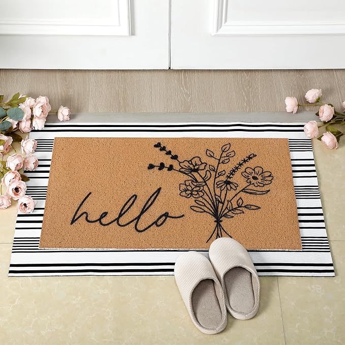 Tinideya 2 Pcs Farmhouse Welcome Mats for Front Door, Hello Floral Layered Doormat Set with Black White Striped Rug, Front Porch Rug Set for Entryway Patio Outdoor Decor