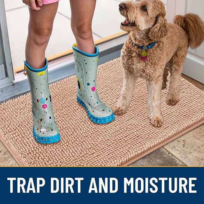 Smiry Dog Door Mat for Muddy Paws 59x20, Absorbent Dirt Trapper, Non-Slip Washable Chenille Entryway Rug for Inside Floor, Peach, Classic Solid