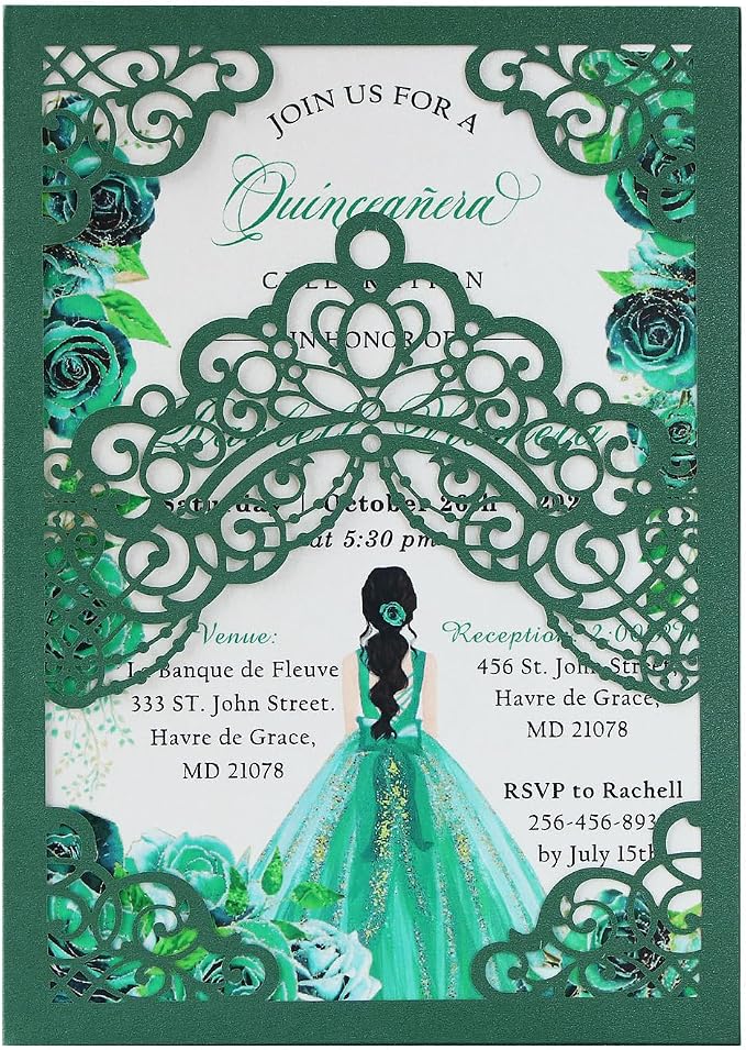 Hosmsua 50PCS Personalized Emerald Green Quinceanera Invitations Kit, 5.1x7.3 Inch Laser Cut Floral Crown Pocket Quinceanera Invitation Cards with Envelopes for Birthday Quince Anos Invite