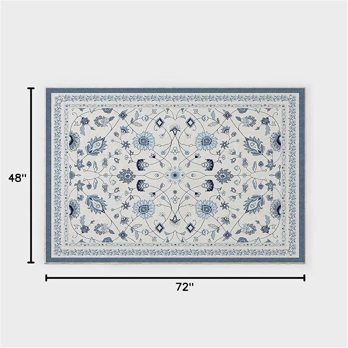EVERGRACE Area Rugs for Living Room 4x6, Boho Floral Faux Wool Indoor Outdoor Rugs, Washable Rugs for Bedroom Entryway Dining Room Hallyway, Low Pile Floor Mat Carpet for Home Decor, Porcelain Blue