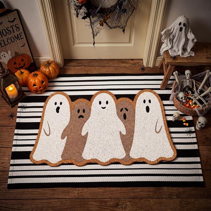 Moucuny 2 Pcs Halloween Coir Doormat Outdoor Ghost Welcome Mat with Black and White Stripe Area Rug Halloween Outdoor Doormat for Front Door Porch Entryway Decor, 16'' x 28'', 24'' x 35''