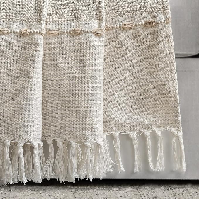 Lush Decor Herringbone Stripe Woven Tassel Yarn Dyed Cotton Throw Blanket 50" W x 60" L Neutral & White - Striped Throw Blankets - Beige Couch Blanket