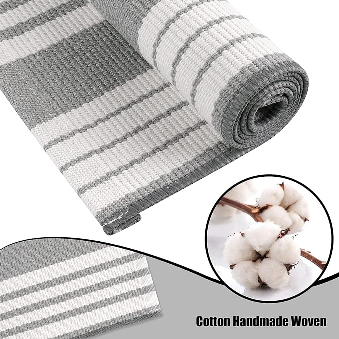 OJIA Entryway Rug 3'x5' Outdoor Rugs Front Door Mat Outside Entrance Decor | Cotton Woven Front Door Mat Outdoor Doormat Machine Washable Grey & White Striped Entry Porch Rugs for Farmhouse/Home Decor