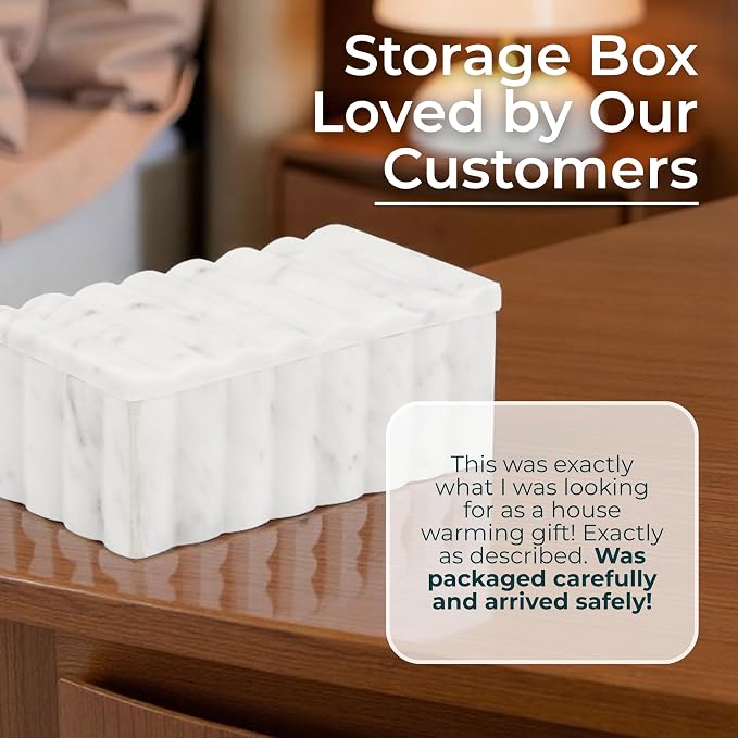 Marble Decorative Storage Box with Lid – Sculpted Fluted Home Organizer Keepsake Boxes for Jewelry – Chic Decorative Box for Office and Home Decor – 4"x3", White