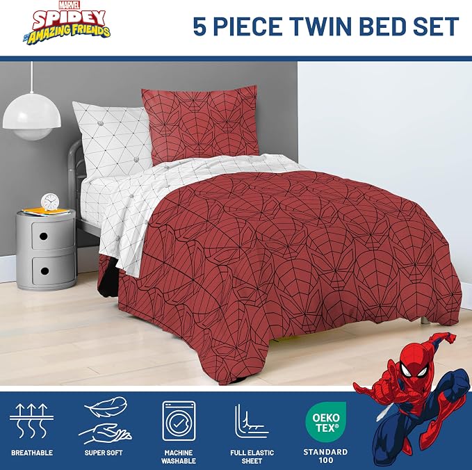 Marvel Spiderman Twin Comforter Set 5 Piece Bedding for Boys, Red | Bed in a Bag, Comforter Sheets Sham Pillowcase, Official Product, Soft Microfiber, Machine Washable, Easy Care, Boys Gift