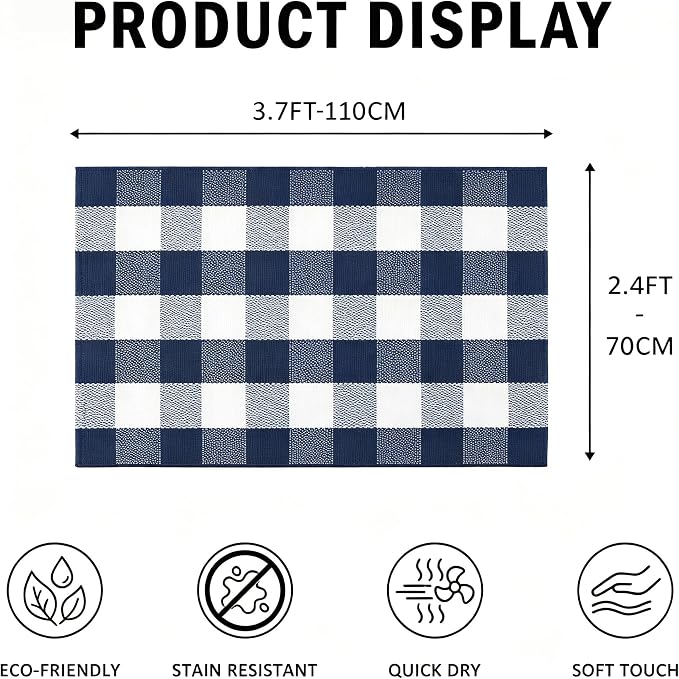 Buffalo Plaid Outdoor Rug 27.5" x 43" Navy Blue and White Checkered Area Rug Washable Doormats Indoor Outdoor Rugs for Layered Front Door Mats, Porch, Entryway, Kitchen, Farmhouse