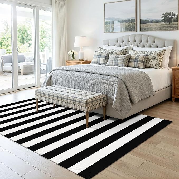 KOZYFLY Black White Rug 5x7 Area Rug Woven Washable Striped Rugs Cotton Farmhouse Indoor Outdoor Rugs for Living Room Bedroom Entryway Porch Patio