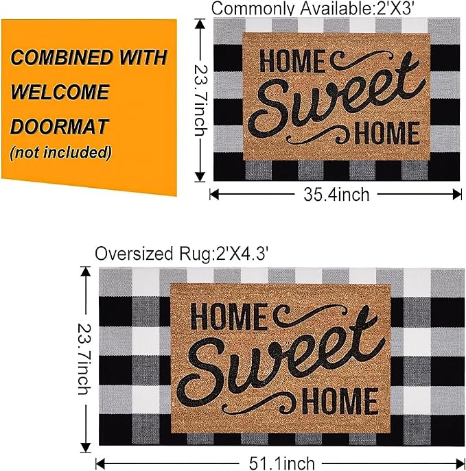 Buffalo Plaid Front Porch Rug 24''x 51''Black and White Checkered Outdoor Rug Cotton Machine Washable Farmhouse Mat for Outdoor, Kitchen, Farmhouse, Entryway,Bathroom