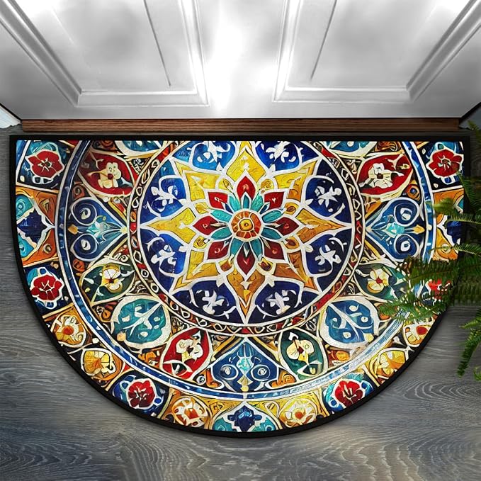 Half Round Doormat Mandala Ethnic Boho Washable Semi Circle Mat Non Slip Absorbent Half Moon Rugs for Indoor Outdoor Entrance Kitchen Bathroom Bedroom Patio Fireplace Floor Carpet Decor