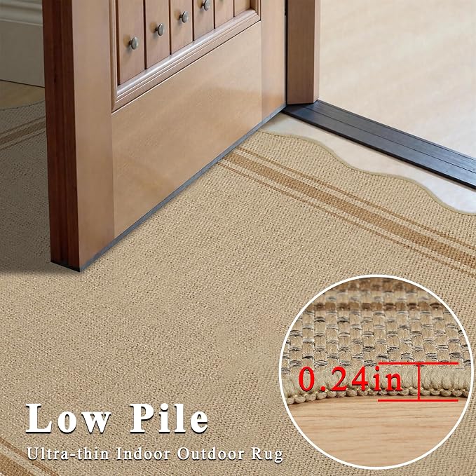 8x10 Scalloped Rug Easy Jute Washable Rug for Living Room Indoor Outdoor Tan Geometric Non Slip Carpet for Under Table Neutral Carpet for Backyard Patio Dining Room