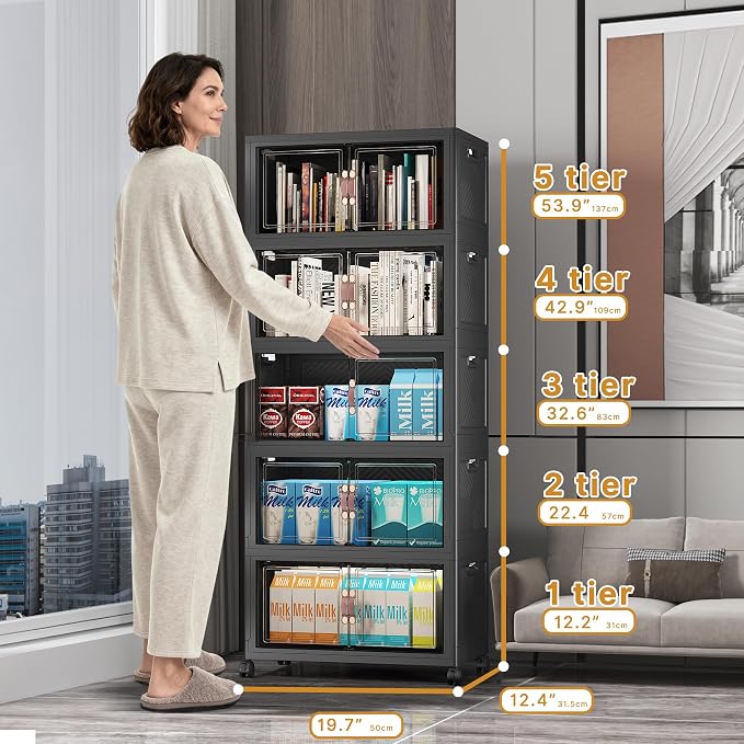 UAMFURI Stackable Storage Bins, 275QT Collapsible Drawers with 1 Lid | Large Capacity, Magnetic Door, Stack Lock, Rolling Wheels, Foldable Design, Organizers and Storage for Bedroom Dorm Garage