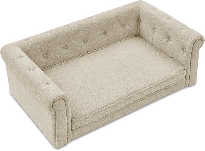 38.9" Upholstery Elevated Dog Sofa with Button‑Tufted Backrest & Rolled Armrests, Pet Couch Bed with Removable Soft Cushion, Comfy Modern Deep Seat Raised Dog Bed for Living Room, Bedroom, Beige
