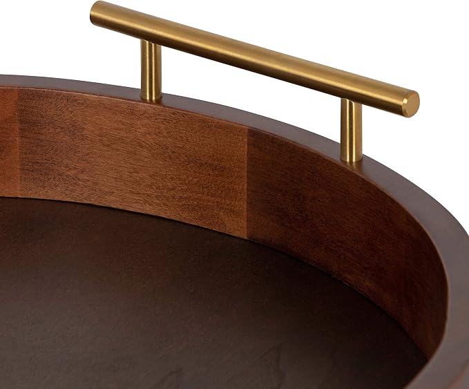 Kate and Laurel Lipton Modern Round Tray, 18", Dark Walnut and Gold, Decorative Accent Tray for Storage and Display