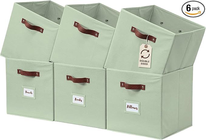 DECOMOMO Storage Bins, Cube Storage Bin with Labels | 13" x 13" x 13" Fabric Storage Cubes for Shelves (6pcs, Sage Green)