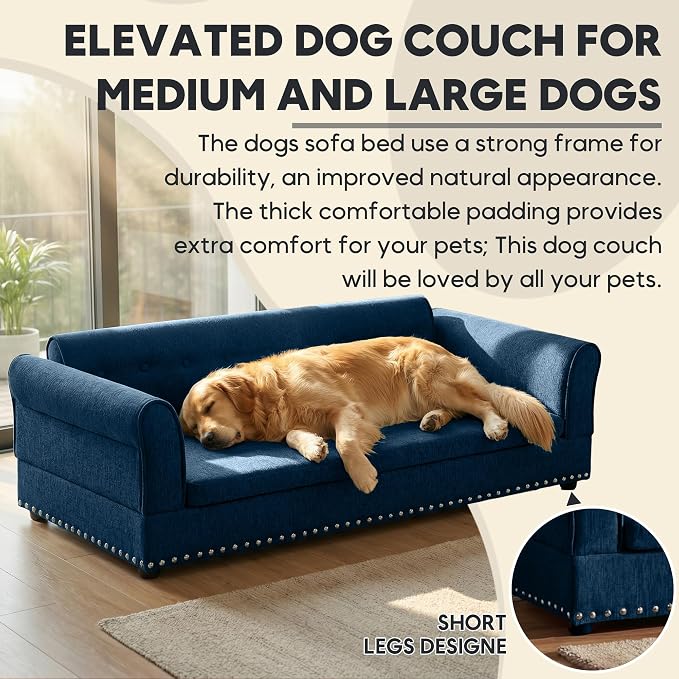 Elevated Dog Sofa for Medium to Large Dogs, Button Tufted Dog Couch Bed with Backrest and Armrests, Durable Memory Foam Pet Bed, Removable Cushion for Medium and Large Dogs, Dark Blue