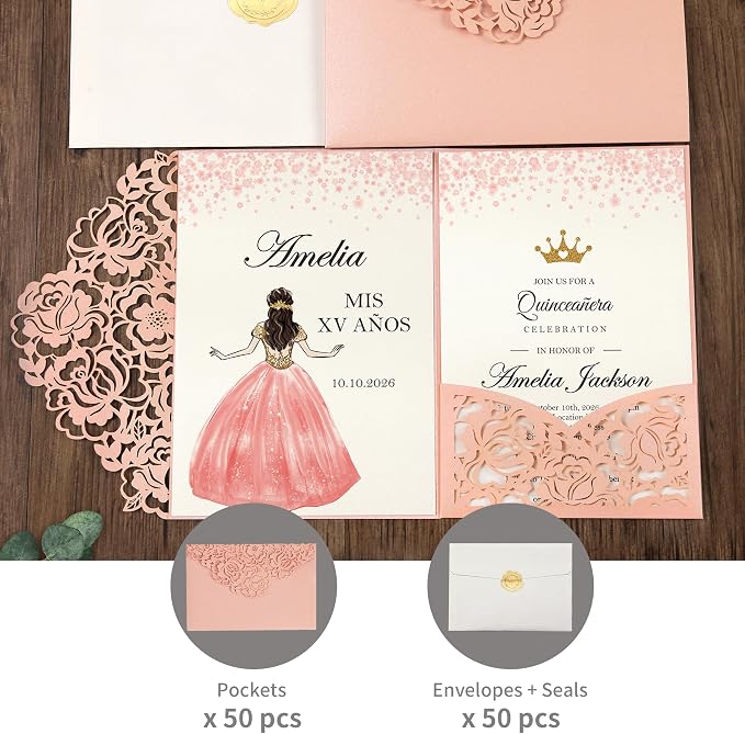 DORIS HOME Laser Cut Quinceanera Invitation Pockets, Pink, 5"x7" | 50pcs, With Envelopes, For Birthday Miss 15, Sweet 16, No Inserts Included