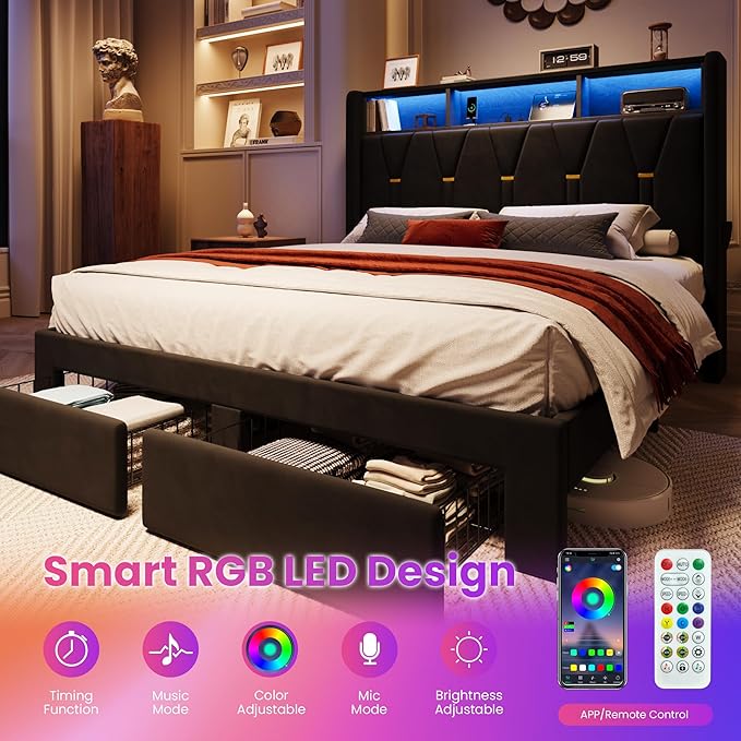 SHA CERLIN Full Velvet Platform Bed Frame with 2 Storage Drawers, LED Storage Headboard with Charging Station, Upholstered Wingback Headboard, Noise-Free, No Box Spring Needed, Easy Assembly, Black