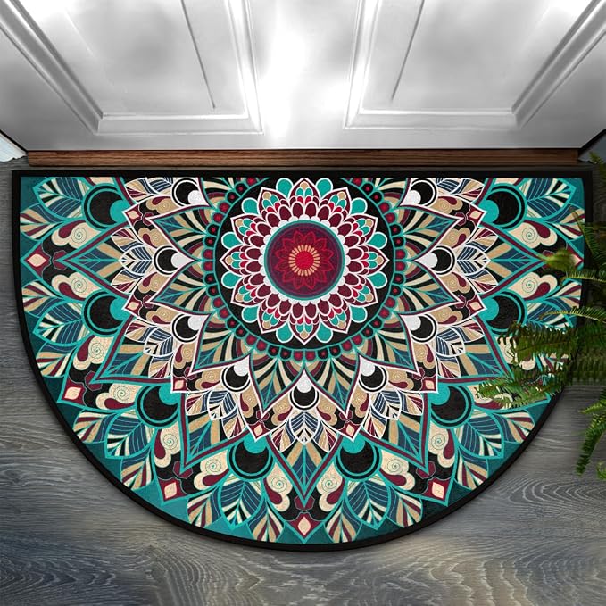 Mandala Half Round Doormat Non-Slip Semi Circle Rug Half Moon Mat | Turquoise Ethnic Flower Washable Soft Absorbent Indoor Outdoor Entrance Kitchen Bathroom Sink Welcome Fireplace Floor Rug