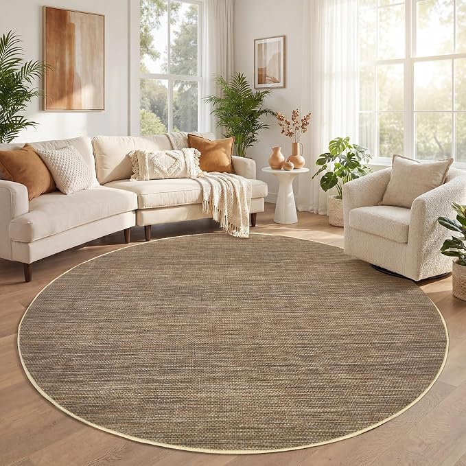 GarveeHome 6ft Washable Round Rug Large Solid Bedroom Easy Jute Area Rugs | Modern Non Slip Living Room Circle Rugs Dining Room Throw Carpet Indoor Round Rugs for Kitchen Nursery Entryway, Brown