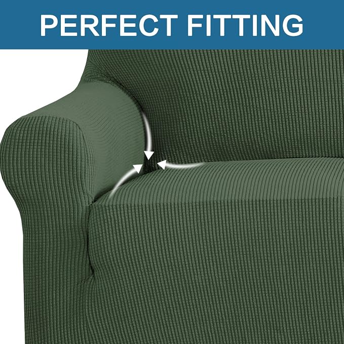 H.VERSAILTEX Stretch Cover for Couch Soft Furniture Covers Slip Covers for 3 Cushion Couch Sofa Feature Thick Checked Jacquard Fabric with Elastic Bottom, Sofa Large - Bronze Green
