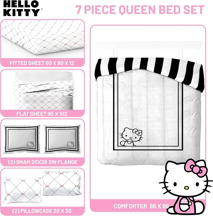 Sanrio Hello Kitty Queen Comforter Set 7 Piece Bedding for Girls, White | Bed in a Bag, Comforter Sheets Shams Pillowcases, Official Product, Soft Microfiber, Machine Washable, Girls Gift