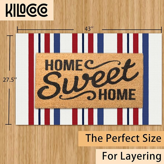 KILOCOCO 250th Anniversary Patriotic Striped Doormat 2.3'x3.6', Red Blue | Washable Front Door Mat, Cotton Welcome Mat for Independence Day, Woven Outdoor Rug for Memorial Day, Entryway Rug