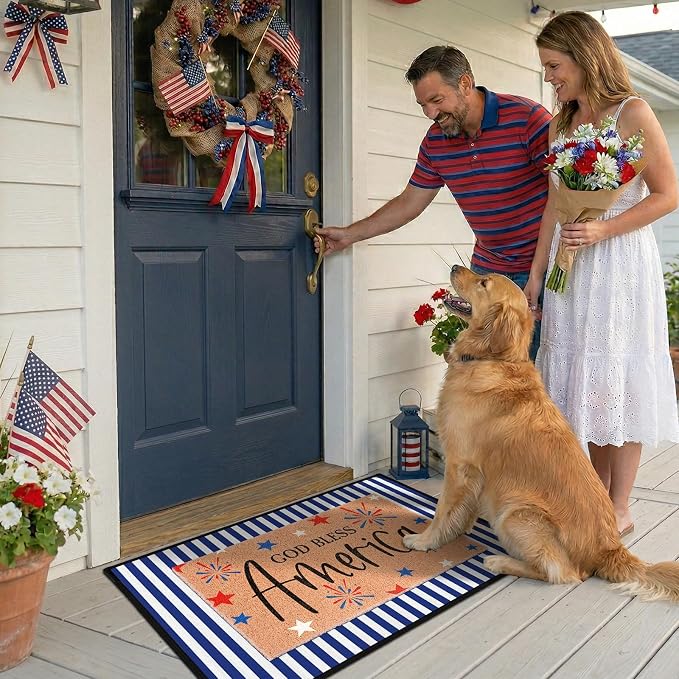 2 Pcs God Bless America Door Mats, 4th of July Patriotic Welcome Mat Non-Slip Coir Doormat with Blue White Stripes, Layered Rug for America 250th Anniversary, Front Porch Entryway Decor
