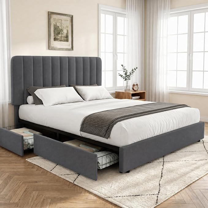 VECELO Full Size Upholstered Bed Frame with 4 Drawers and Headboard, Velvet Platform Storage Bedframe, Wooden Slats Support, No Box Spring Needed,Dark Grey
