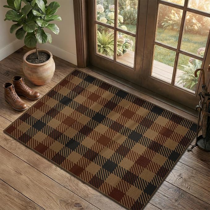 2x3 Entryway Door Mat Indoor – Washable Non Slip Small Rug for Front Door, Kitchen Sink, Mudroom, Garage Entry, Low Profile Easy Clean Farmhouse Plaid Floor Mat