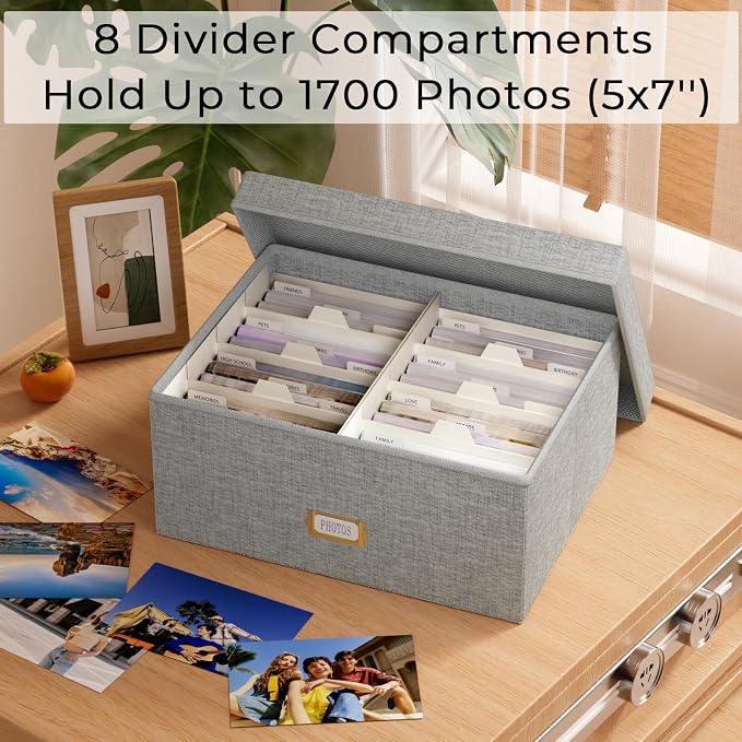 Decorative Photo Storage Box, Linen Photo Box Holds 1700 5x7 Pictures Grey | Photo Storage Containers with 8 Dividers, Memory Keepsake Organizer for Photos, Scrapbook Supplies, Cards, Stamps,Archive Box