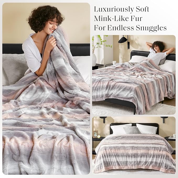 Madison Park Zuri Ultra Soft Faux Fur Twin Blanket Reversible, Blush/Grey | All Season, Ultra Soft, Breathable Fabric for Bed or Couch, Lightweight, Plush, OEKO-TEX Certified