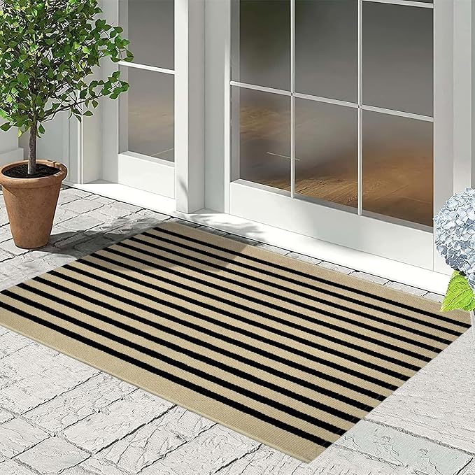 Front Door Mat Outdoor 2'x3',Black and Khaki Striped Outdoor Rug Washable Cotton Layered Door Mat Entryway Throw Rug for Indoor Entrance