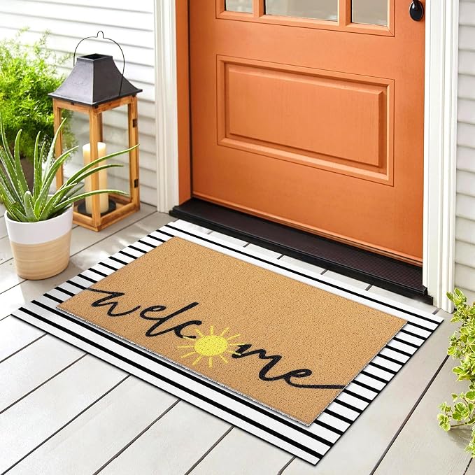 Tinideya 2 Pcs Summer Layered Door Mats Set, Sun Welcome Coir Mats with Stripe Rug for Front Porch Entryway Decor