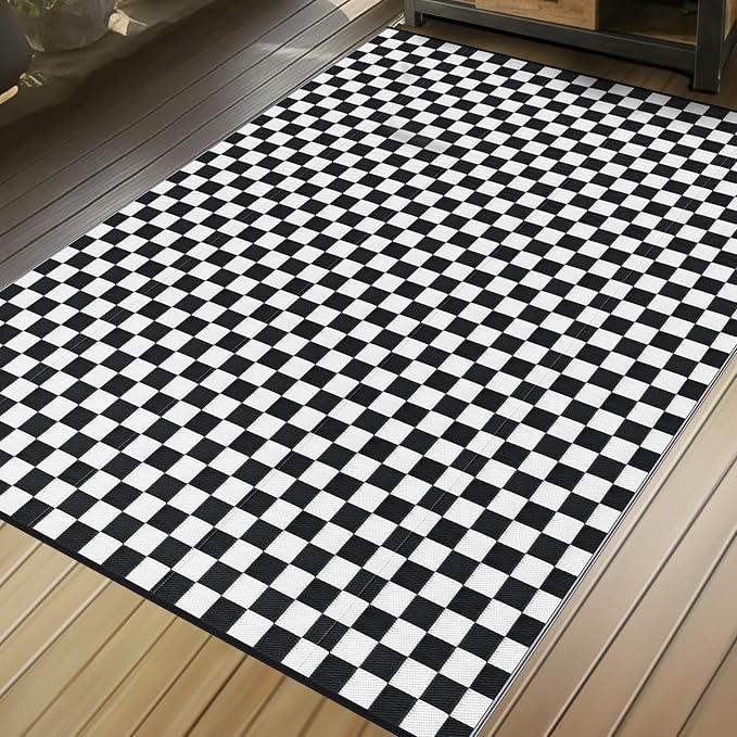 GOTGELIF Massive Outdoor Patio Rug - 9x12FT, Reversible & Water-Resistance & Portable for RV Trips, Picnic, Camping, Outdoor, Garden, Patio - Black and White Checkered