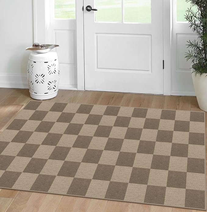 Rugalia Easy Jute Checkered Area Rug, 3x5 Indoor Outdoor Entryway Rug Washable Brown Checkerboard Kitchen Rugs, Non-Slip Modern Farmhouse Throw Carpet for Living Room Patio Kids Room