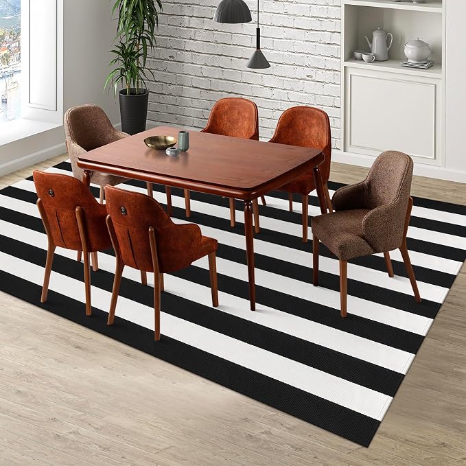 Black and White Striped Rug 5x8 Cotton Woven Rug Farmhouse Washable Indoor Outdoor Area Rug Home Decor Carpet for Living Room Dining Room Bedroom Backyard Large Patio Mat