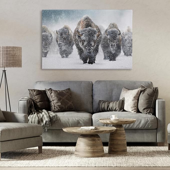 Indomitable Bison in Snow, 30 x 45 Inch Canvas Wall Art | Stupell Industries · By Mark Kelso · Ready to hang · Perfect for living room · family room · or lounge · Made in USA