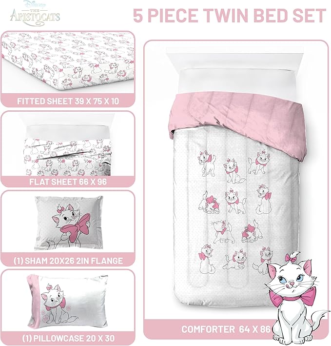 Disney Aristocats Marie Twin Comforter Set 5 Piece Kids Bedding, White | Bed in a Bag, Comforter Sheets Sham Pillowcase, Official Brand, Soft Microfiber, Machine Washable, Easy Care, Girls Gift