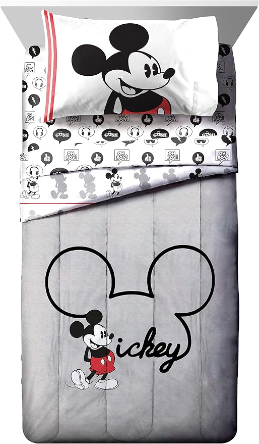 Disney Mickey Mouse Twin Comforter Set 4 Piece Cartoon Bedding, Gray | Bed in a Bag, Comforter Sheets Pillowcase, Official Product, Soft Microfiber, Machine Washable, Easy Care, Kids Gift