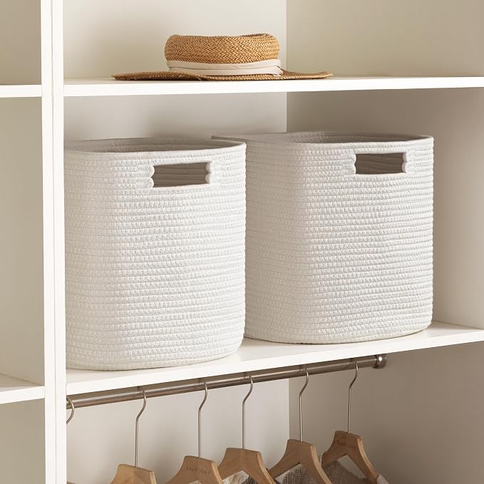 UBBCARE Set of 2 Kallax Storage Cubes-13 ×15 ×13 Inch, Cotton Rope Basket for Shelves, Toys, Book, Cube Storage Bin with Handles, Woven Storage Basket for Organizing, White