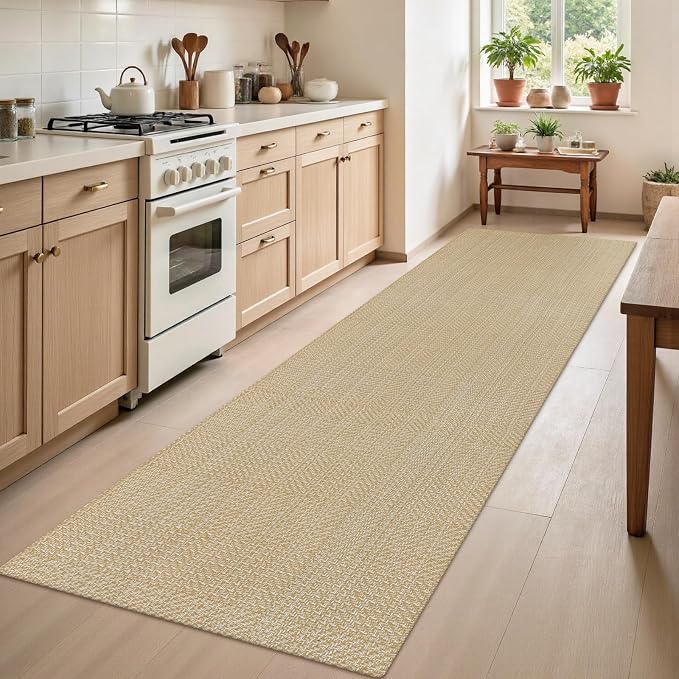 Rugalia Washable Woven Hallway Runner Rug, 2x8 Natural Beige Cotton Rug Runners for Entryway Non-Slip Long Kitchen Mat, Modern Neutral Indoor Outdoor Throw Runner Carpet for Porch Potio