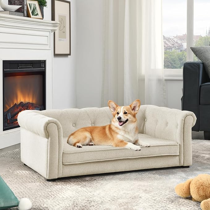 Dog Sofa for Small & Medium Dogs | Removable & Washable | No Assembly Required | Breathable Linen Fabric | Soft Foam |Floor-friendly sofa legs | Beige