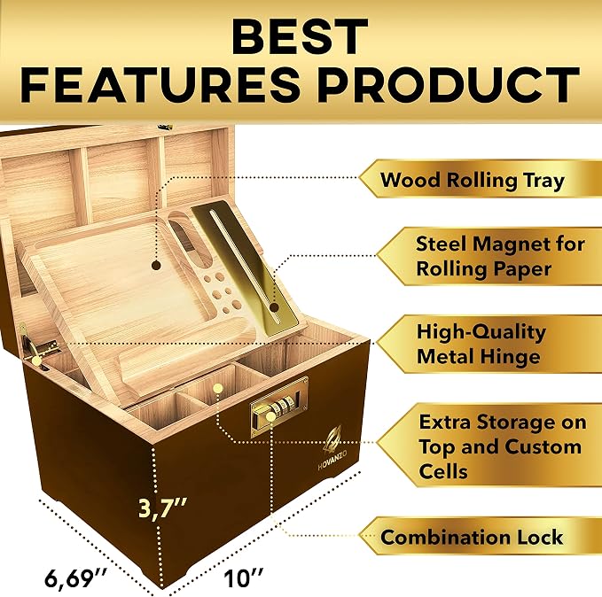 HOVANZO Premium Large Bamboo Storage Box with Organizer Tray - Storage Wood Box and Accessories - Decorative Box with Combination Lock - Large Wooden Container - Box Kit with Glass Jars