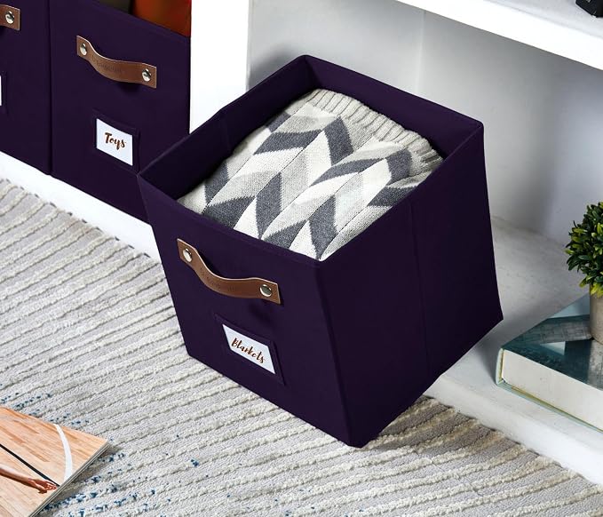 DECOMOMO Storage Bins, Cube Storage Bin with Labels | 10.5" x 11" Fabric Storage Cubes for Shelves (6pcs, Deep Voilet)