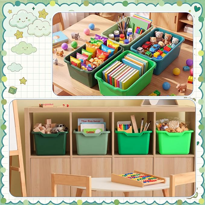 Dandat 32 Pcs Plastic Book Bins for Classroom Library Cubby Bins Scoop Front Stackable Toy Storage Tubs Containers for School Office Home Nursery Playroom Organization (Green Series)