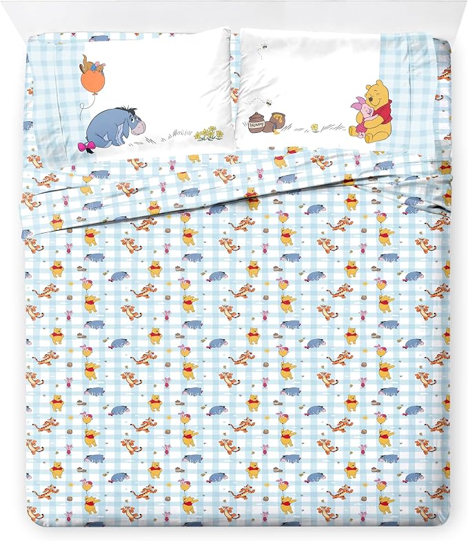 Disney Winnie The Pooh Queen Comforter Set 7 Piece Kids Bedding, White | Piglet Tigger, Bed in a Bag, Comforter Sheets Shams Pillowcases, Official Brand, Soft Microfiber, Machine Washable, Kids Gift