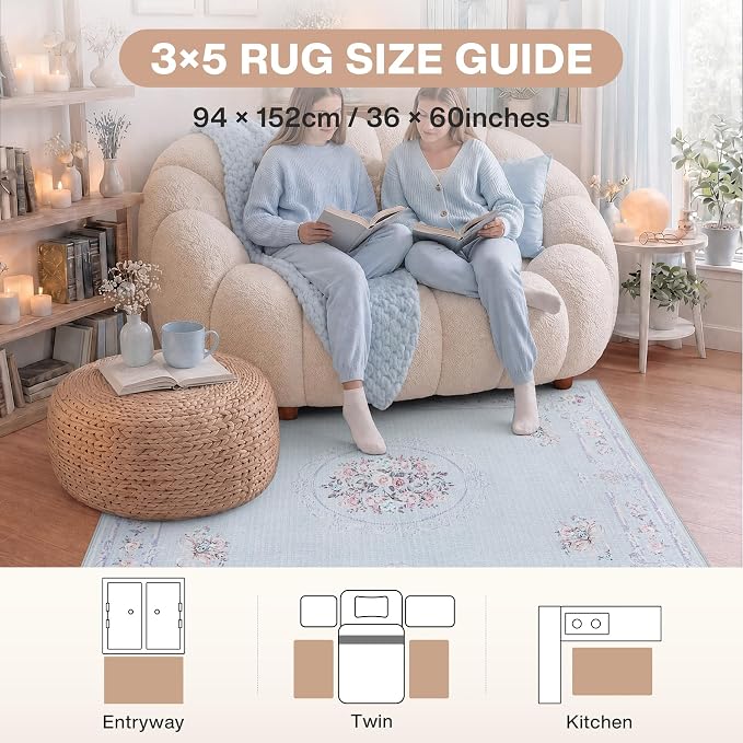 Tribesigns Bow Floral 3x5 Blue Rugs for Entryway Front Door, Non-Slip Small Bedroom Kitchen Area Rugs, Soft Low Pile Boho Rose Medallion Carpet for Bathroom Living Room, Blue/3x5