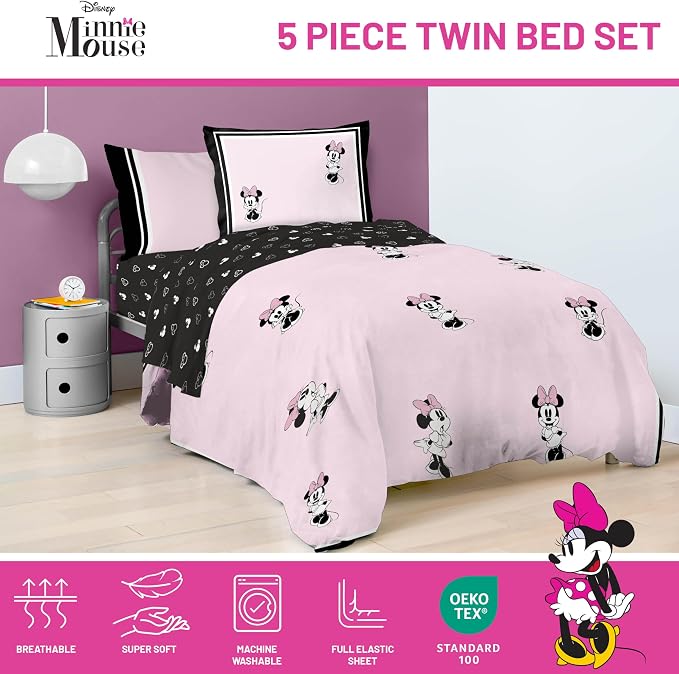 Jay Franco Kids Comforter Set Includes Sheets and Pillow Covers - Soft and Cozy Bed Set for Stylish Room Decor, Official Licensed Bedding, Multi - Minnie Mouse, 5 Piece Twin